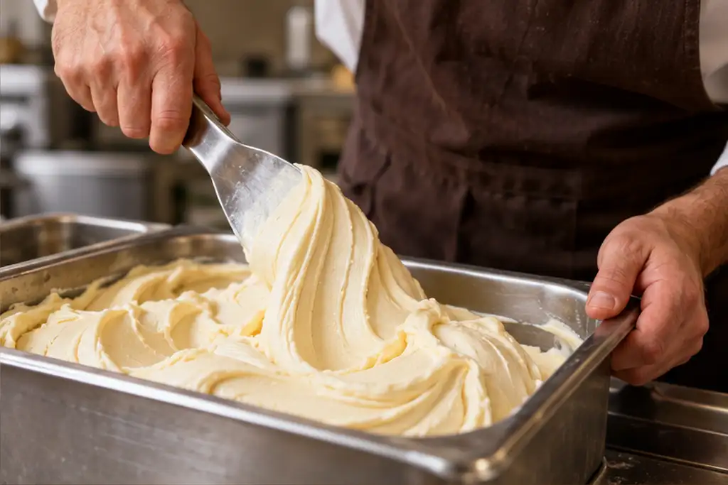 Lavorazione artigianale del gelato: la spatola riempie un cono